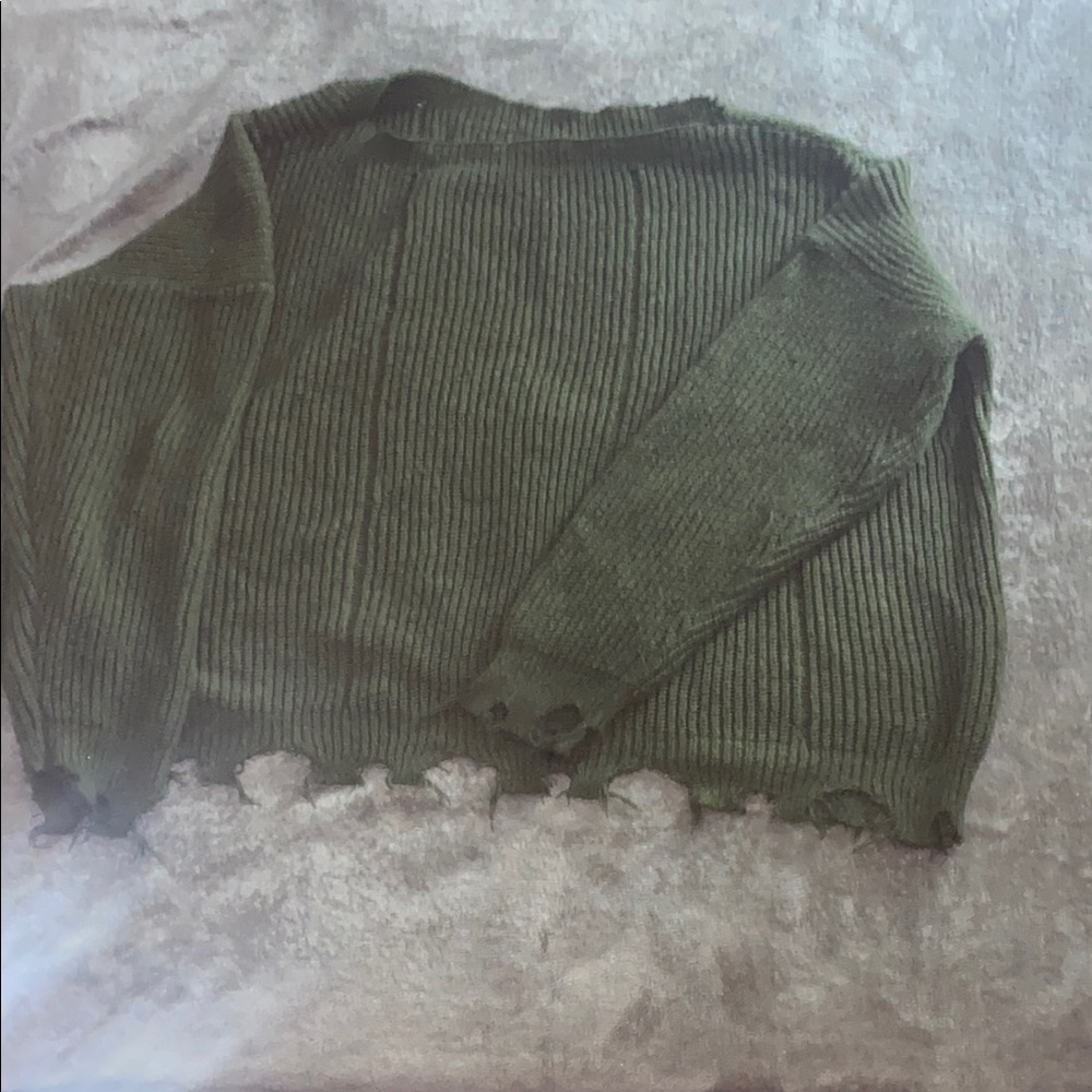 Green Ribbed Sweater with Distressed Hem